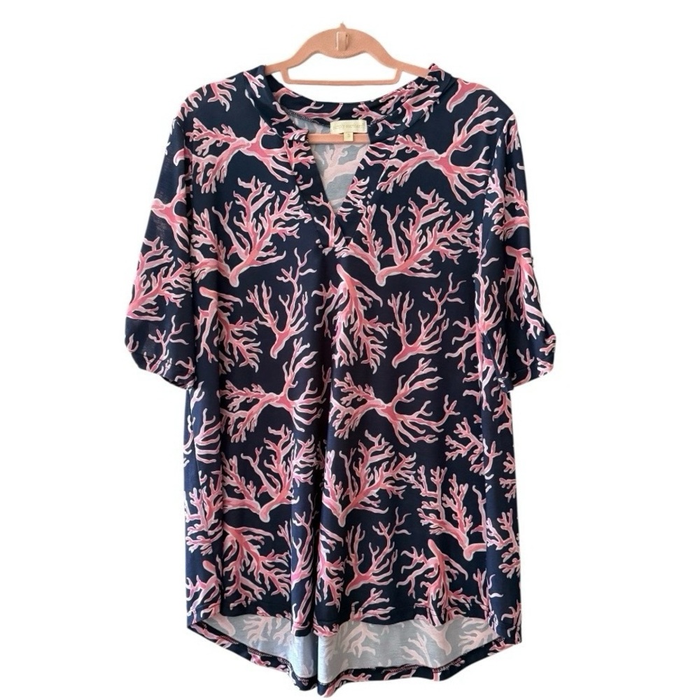 Simply Southern Pink and Navy Coral Cover up Mini Dress Tunic Size Small